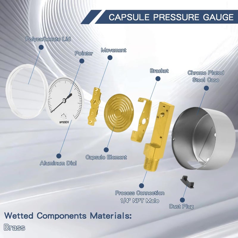 BPSSDI 0-3 Psi Low Pressure Gauge, Capsule Gauge with 304 Stainless Steel Case, 2.5" Dial Size, 1/4" NPT Lower Mount, Zero Adjustment, for Air Water Gas Pressure Test - Image 3